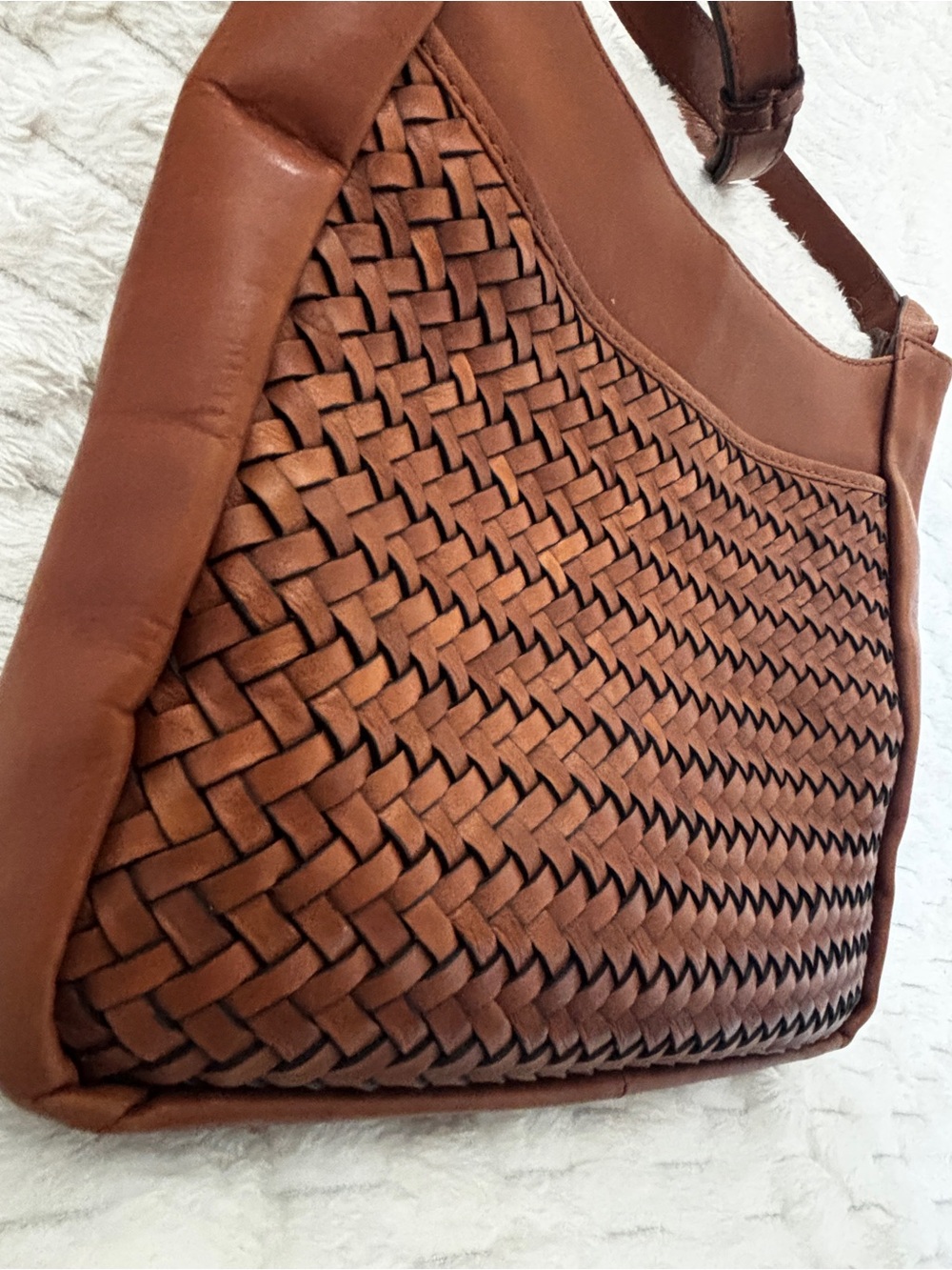 Soft Cognac Leather Woven Crossbody Bag | India | Adjustable Strap